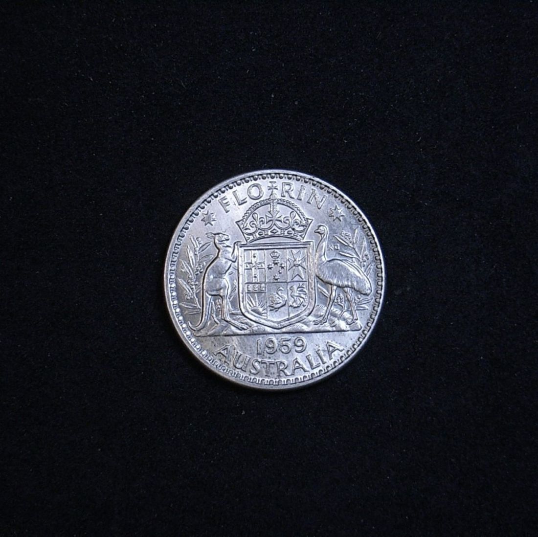 Aussie florin 1959 reverse showing coin's lustre