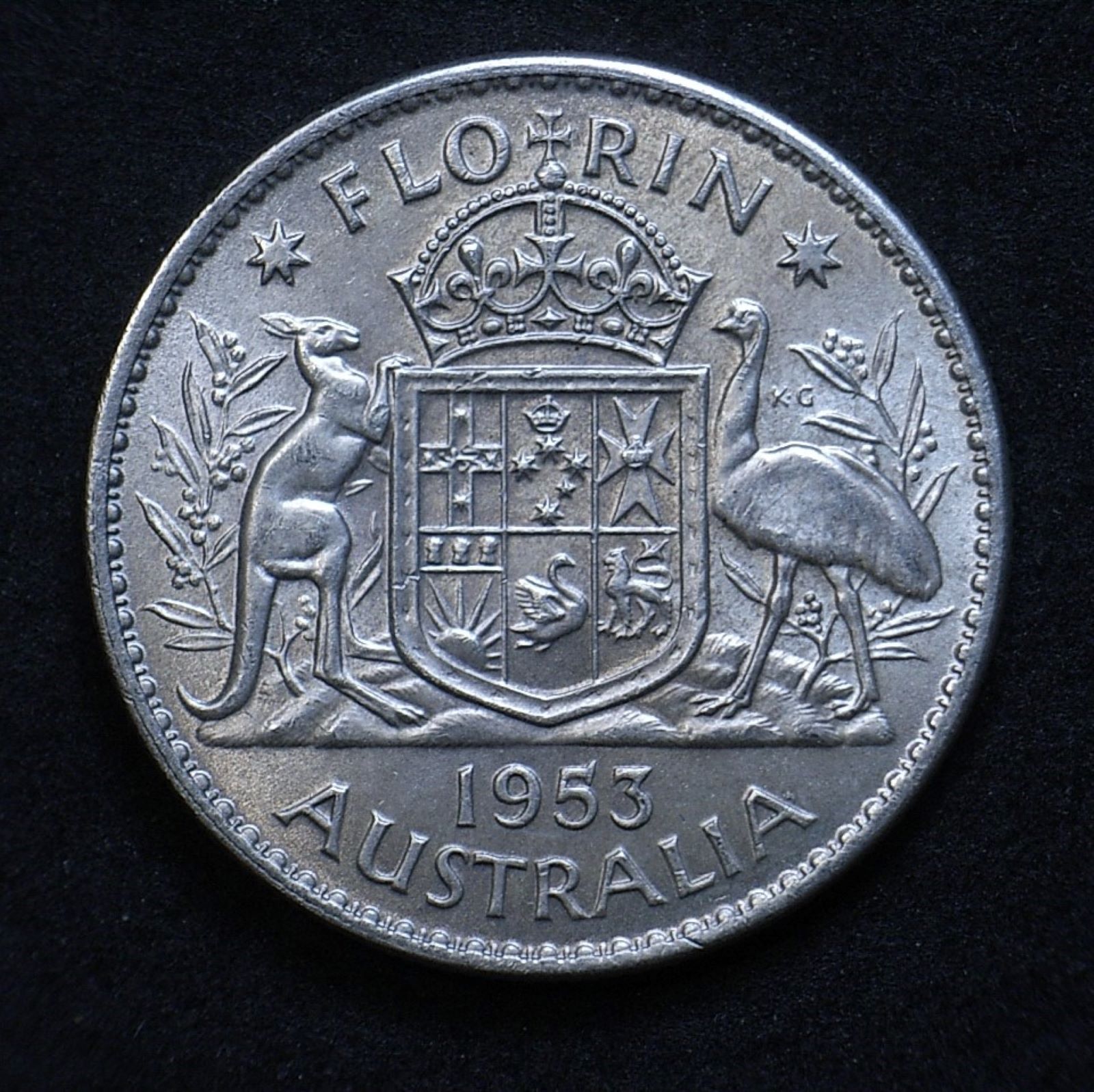 Close up Aussie 1953 Florin reverse, new light angle showing the coin's detail