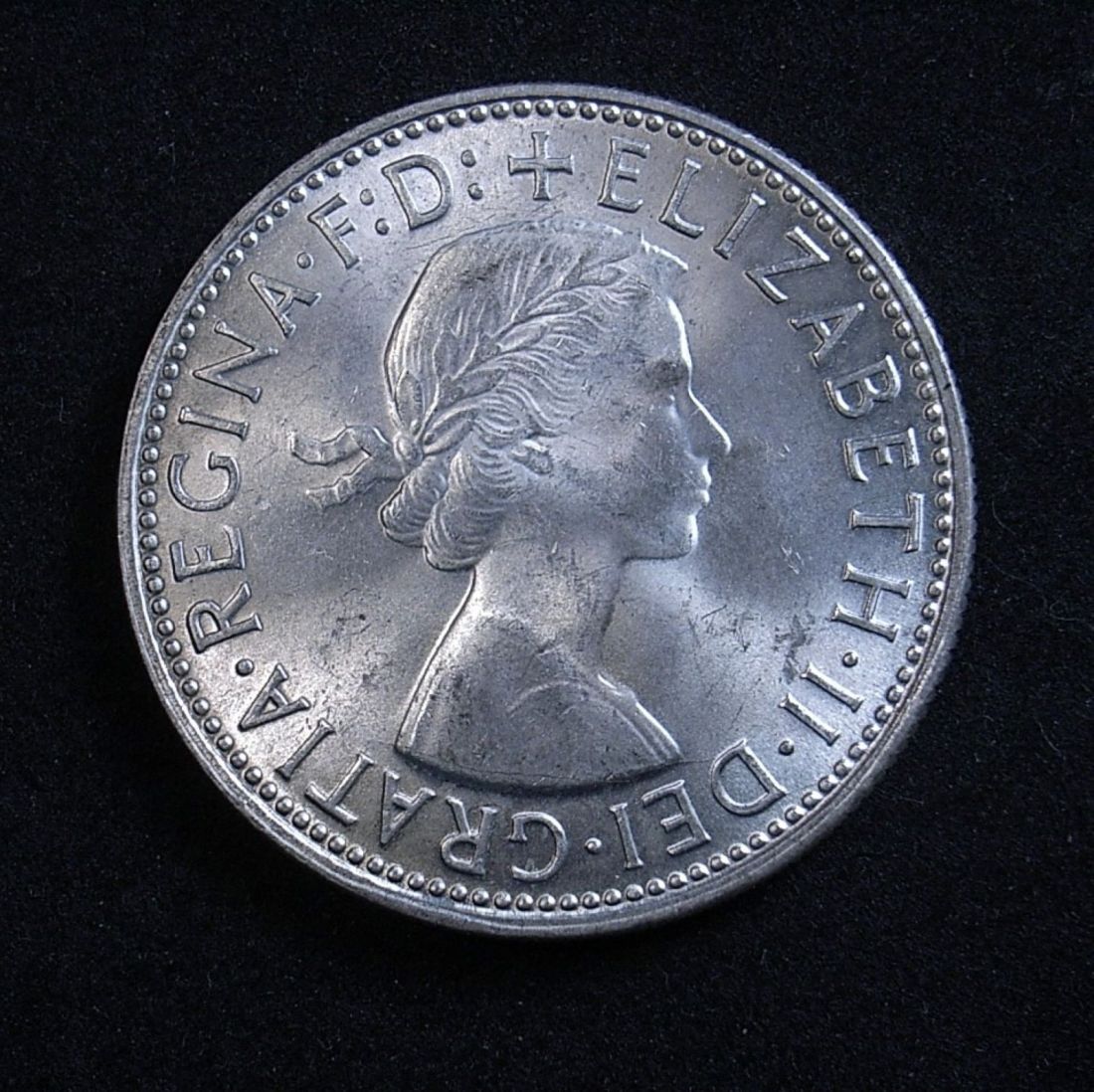 Close up Aussie florin 1963 obverse, new light angle highlighting the coin's detail