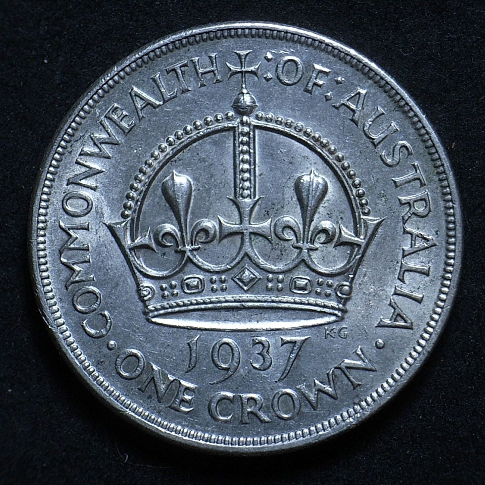 Close up Aussie Crown 1937 reverse, new light angle highlighting the coin's detail