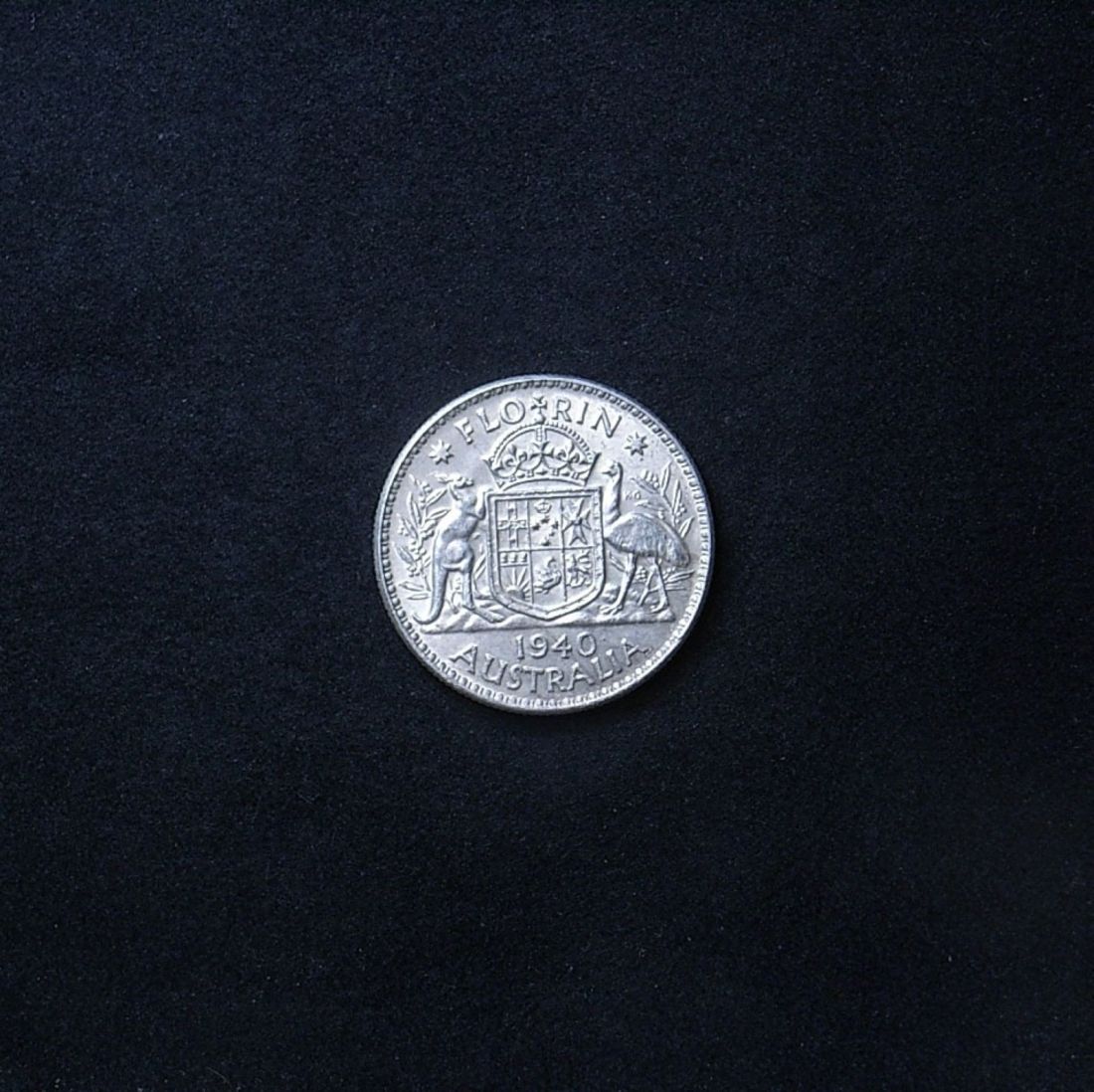 Aussie 1940 florin reverse, different light angle highlighting the coin's lustre