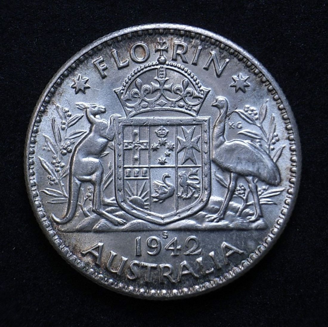 Close up Aussie florin 1942s highlighting the coin's detail