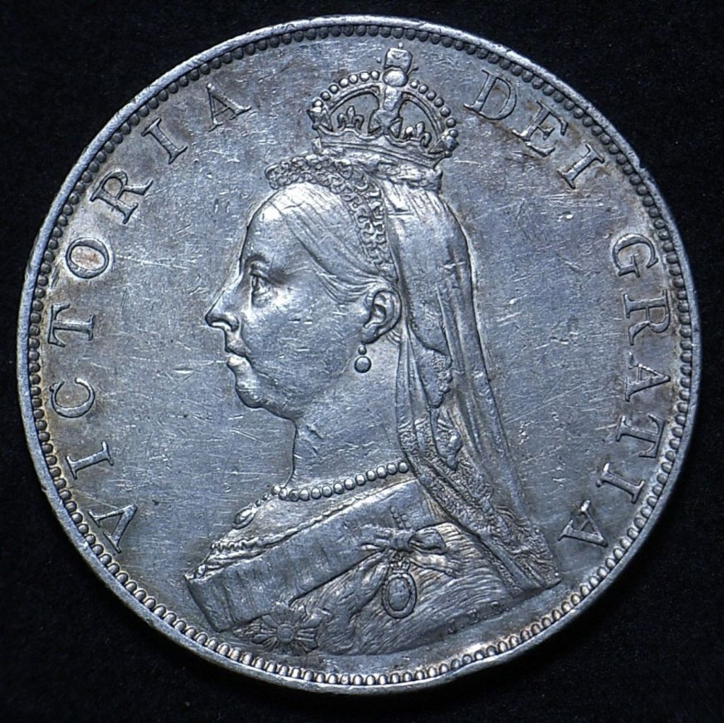UK 1887 double florin obverse close up, new light angle showing the coin's lustre