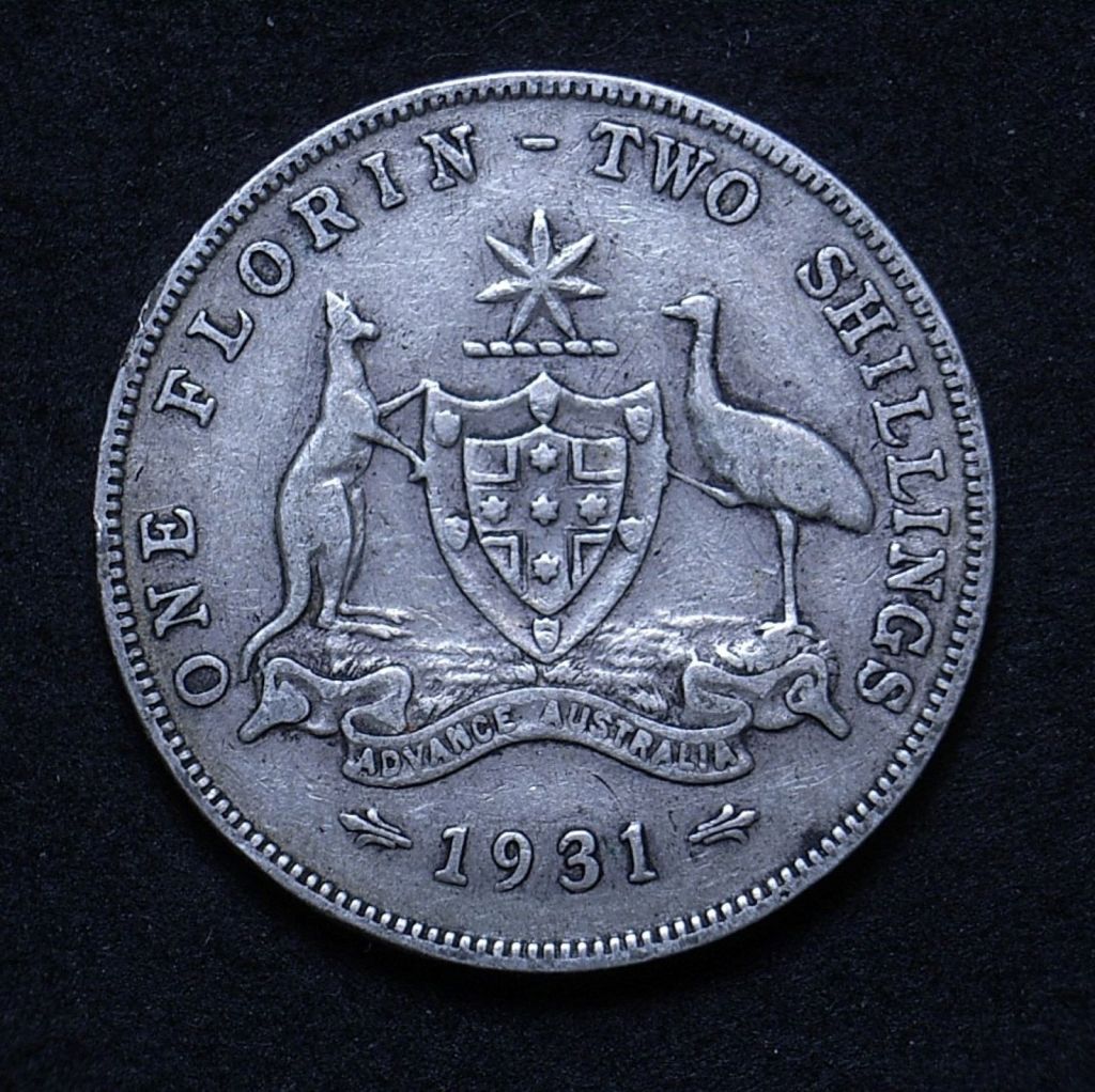 Close up of Aussie florin 1931 reverse showing the coin's detail