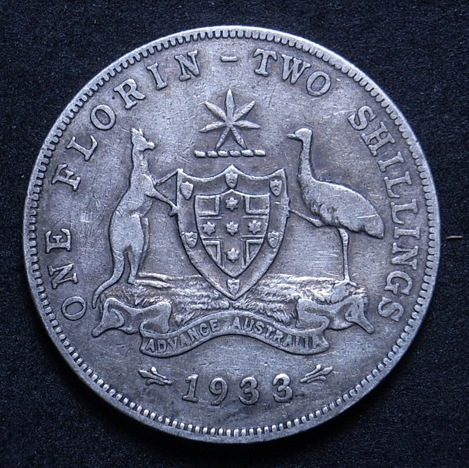 Close up of 1933 florin reverse showing the coin's detail