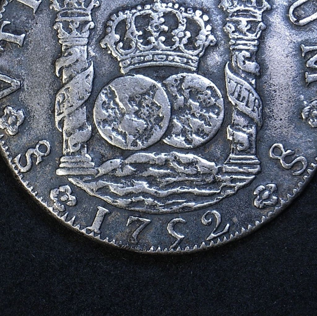 Close up contemporary counterfeit 8 Reales 1752 date side showing lack of sufficient details