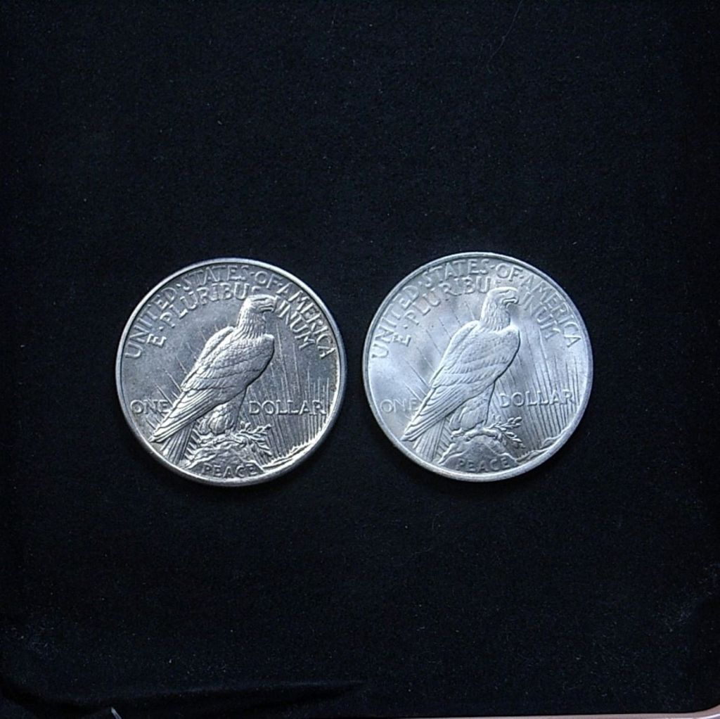 Comparison of relief on US 1921 vs 1923 Peace dollar reverse, highlighting lustre on the coins