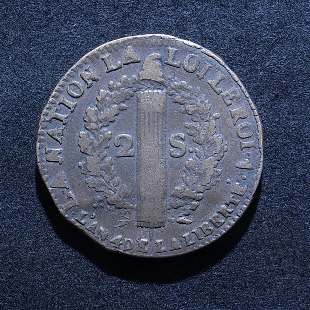 Close up of France 2 sous 1792 reverse