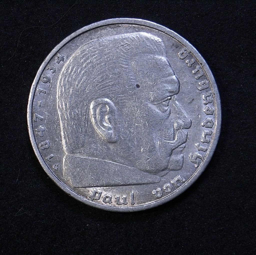 Close up Germany 5 marks 1936G obverse showing detail