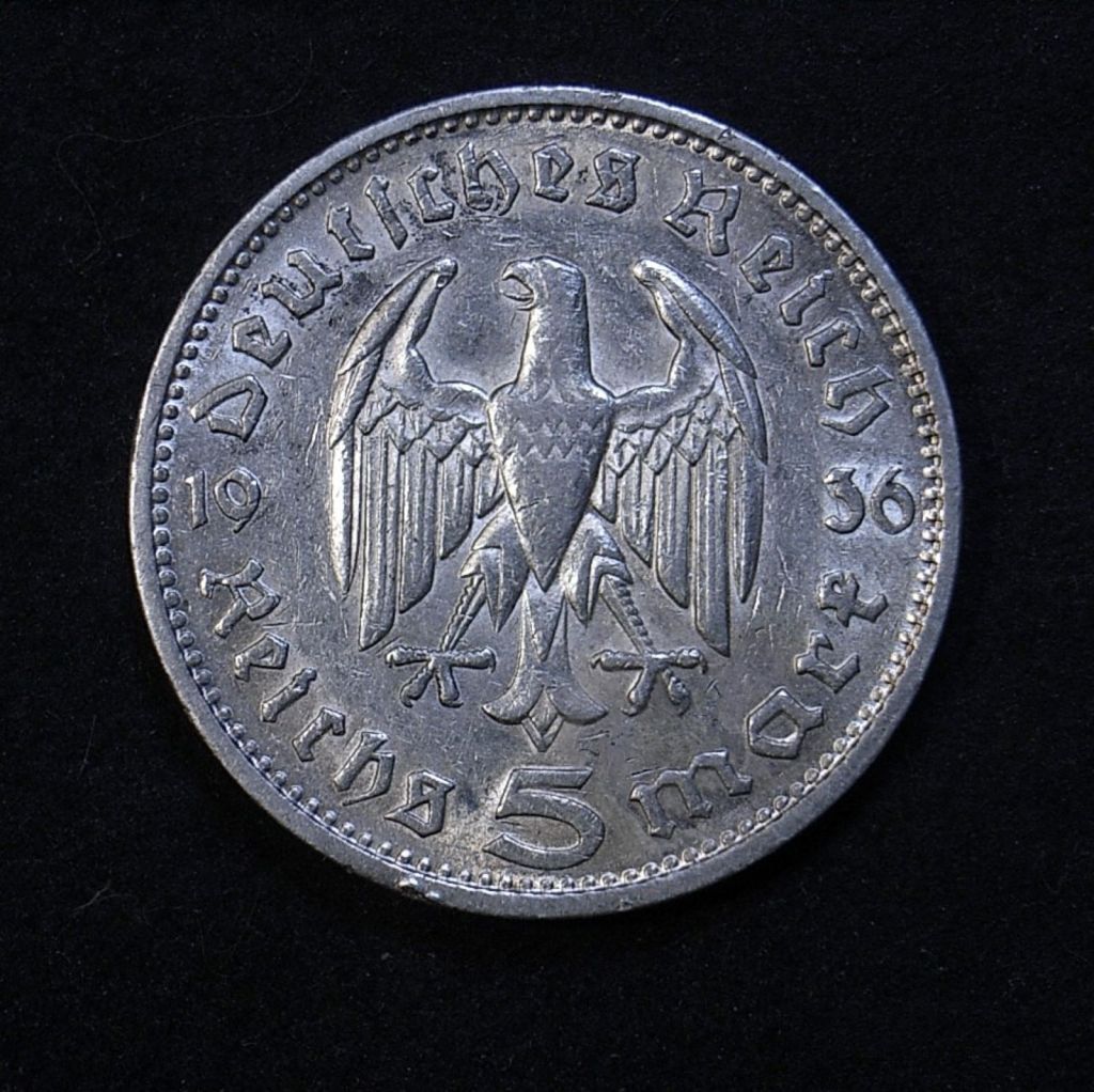Close up Germany 5 marks 1936G reverse showing detail