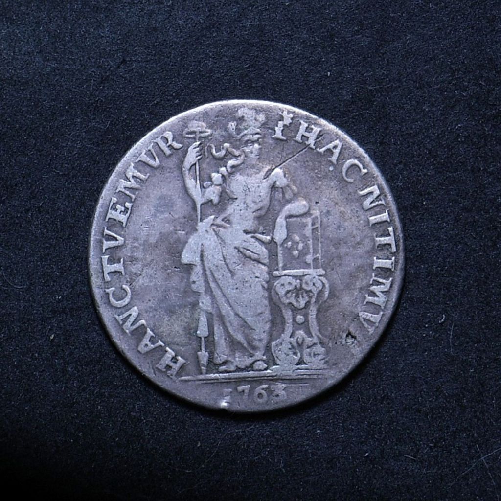 Close up 1763 Dutch Guilder obverse