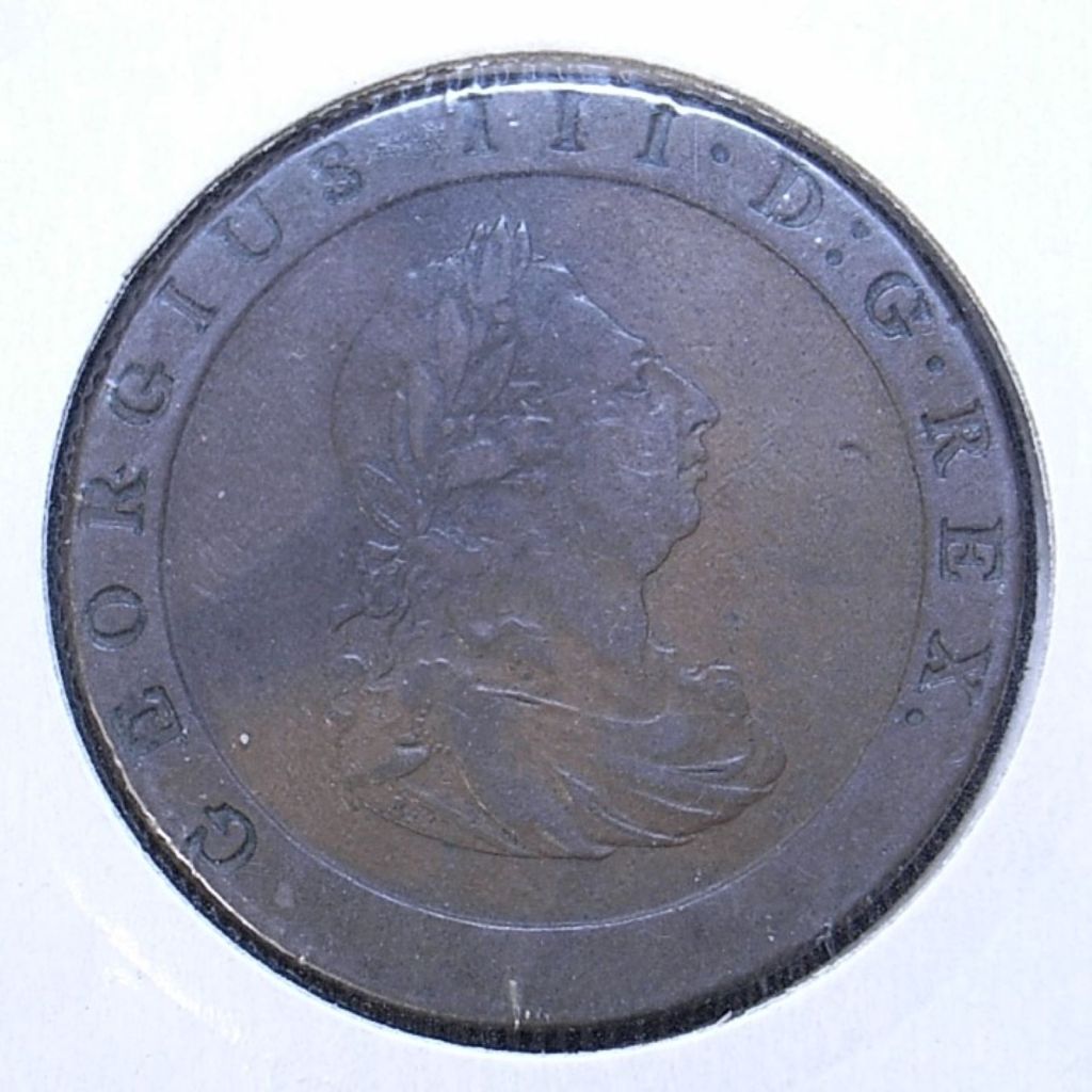 Close up UK 1797 cartwheel penny obverse