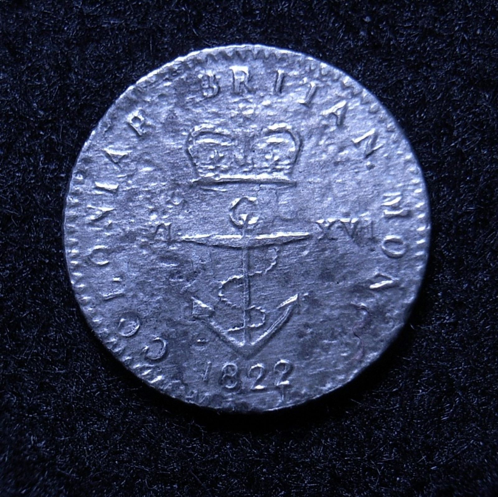 Close up British West Indies sixteenth dollar 1822 reverse