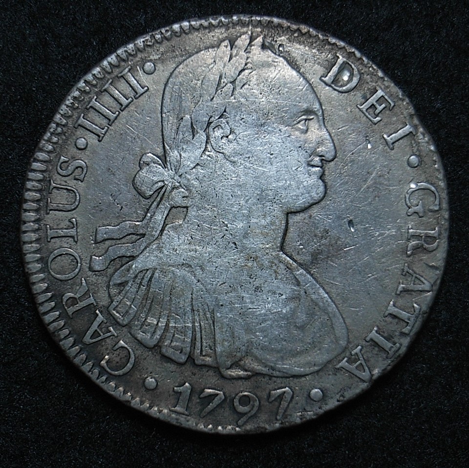 Close up mexico-colonial-spain-8-reales-1797-fm-obv