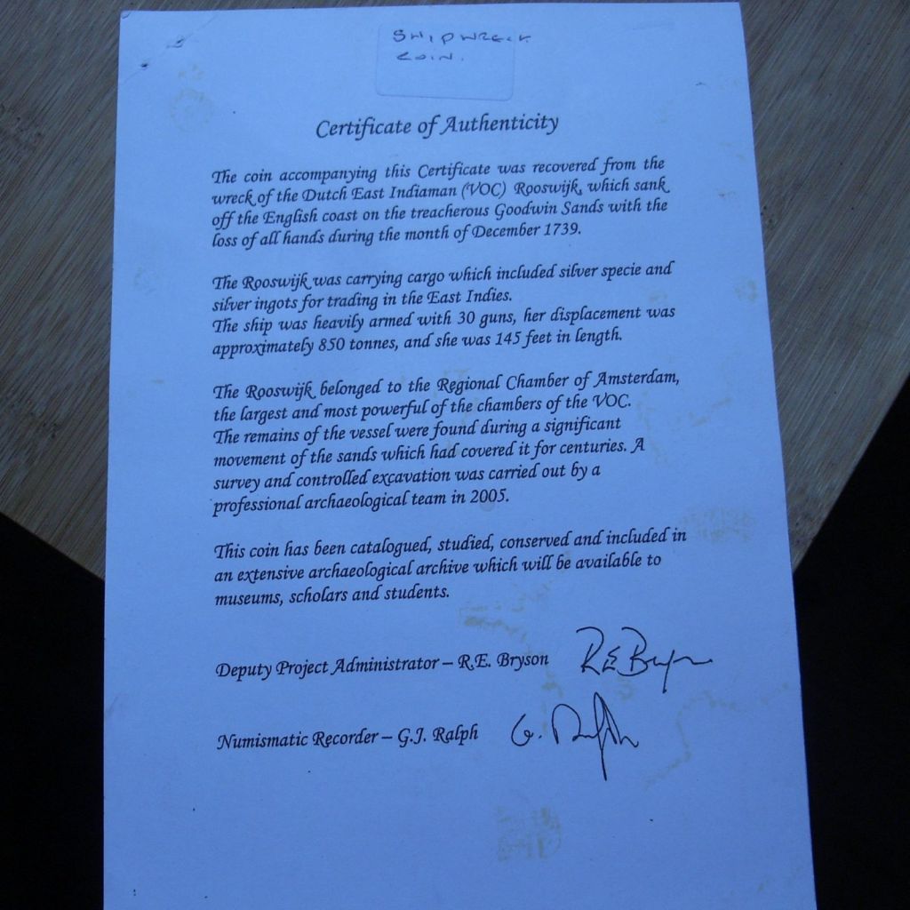 Ceritificate of Authenticity 1737 Rooswijk coin