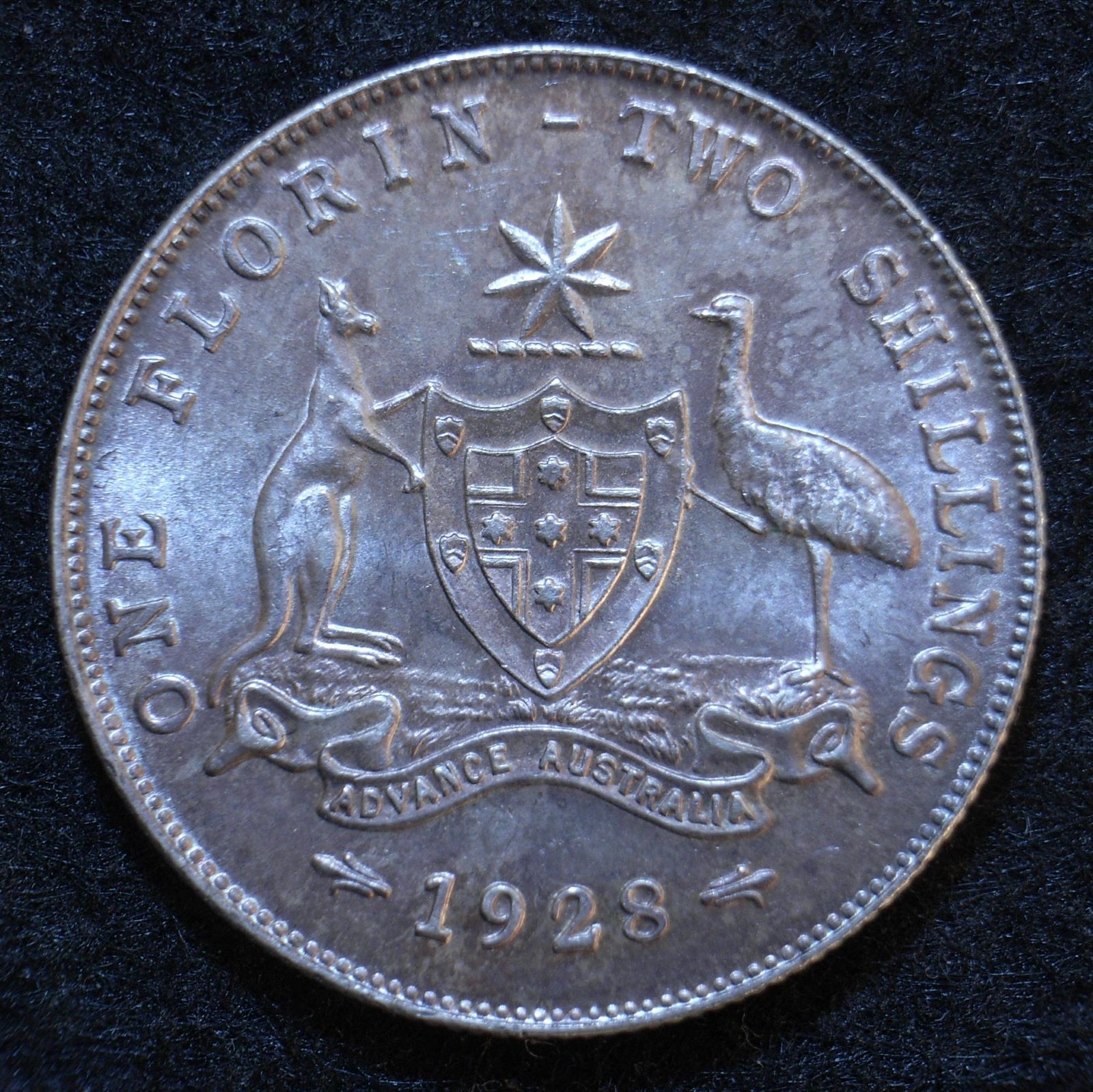 Close up 3 Aus Florin 1928 reverse showing detail low light angle