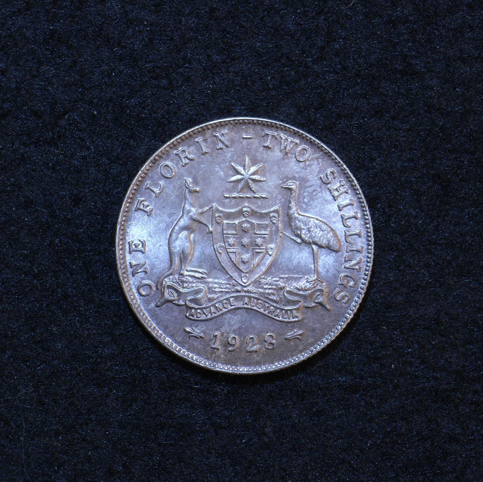 Aus Florin 1928 reverse showing tone and lustre