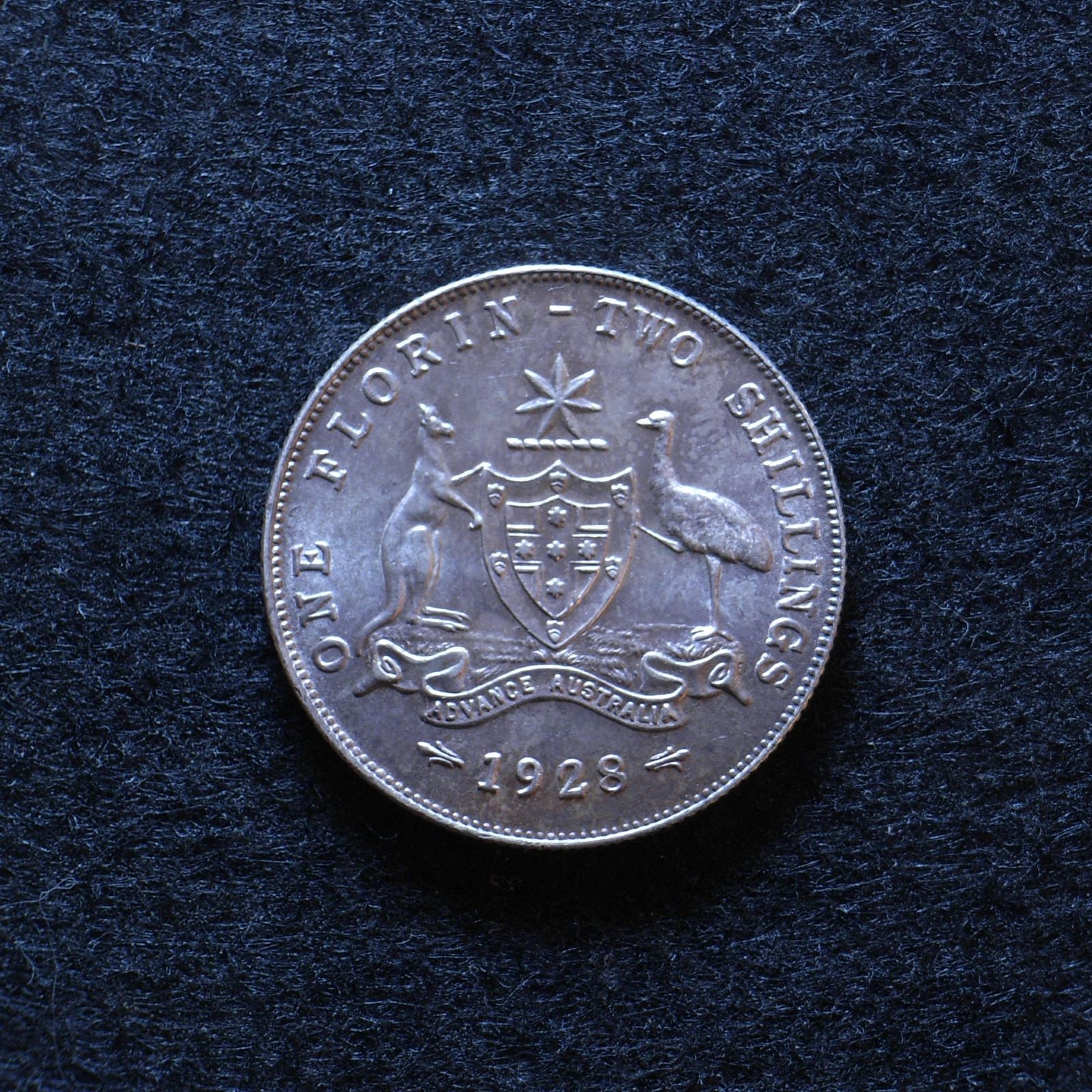 Aus Florin 1928 reverse low light angle